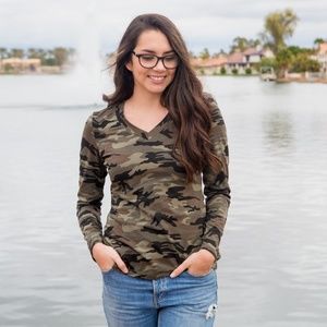 CLEARANCE LA DIVA FASHION Fall Camo Top Olive NWT